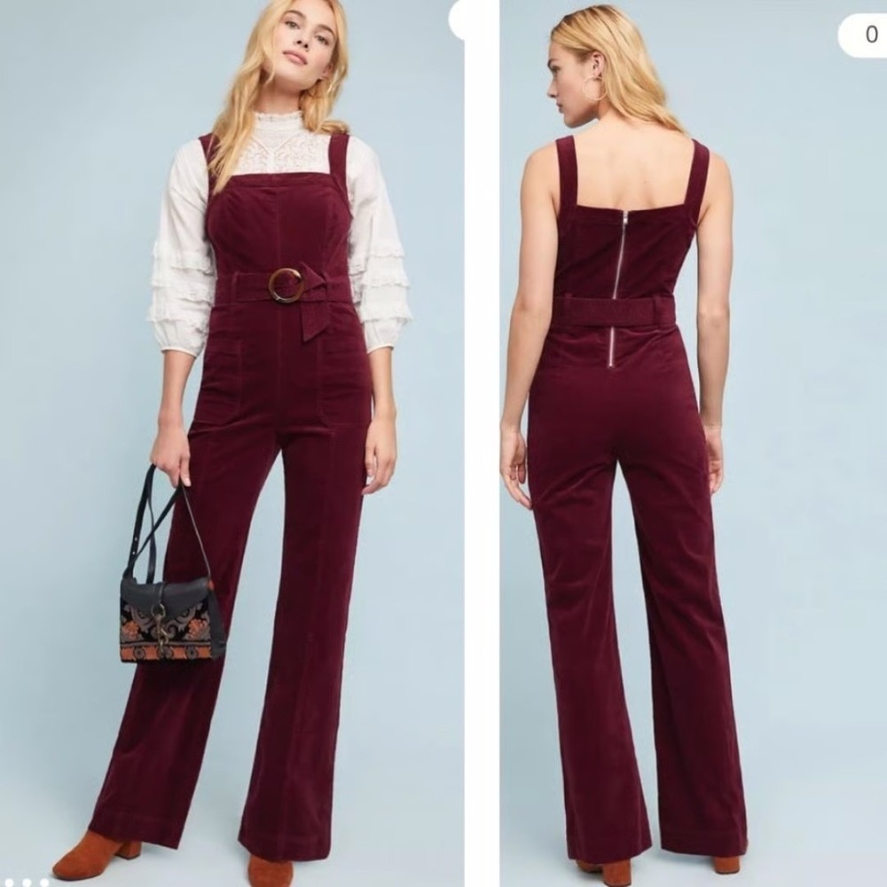 Anthropologie Pilcro Burgundy Corduroy Belted Wide Leg Jumpsuit Size Small‎ / 4
